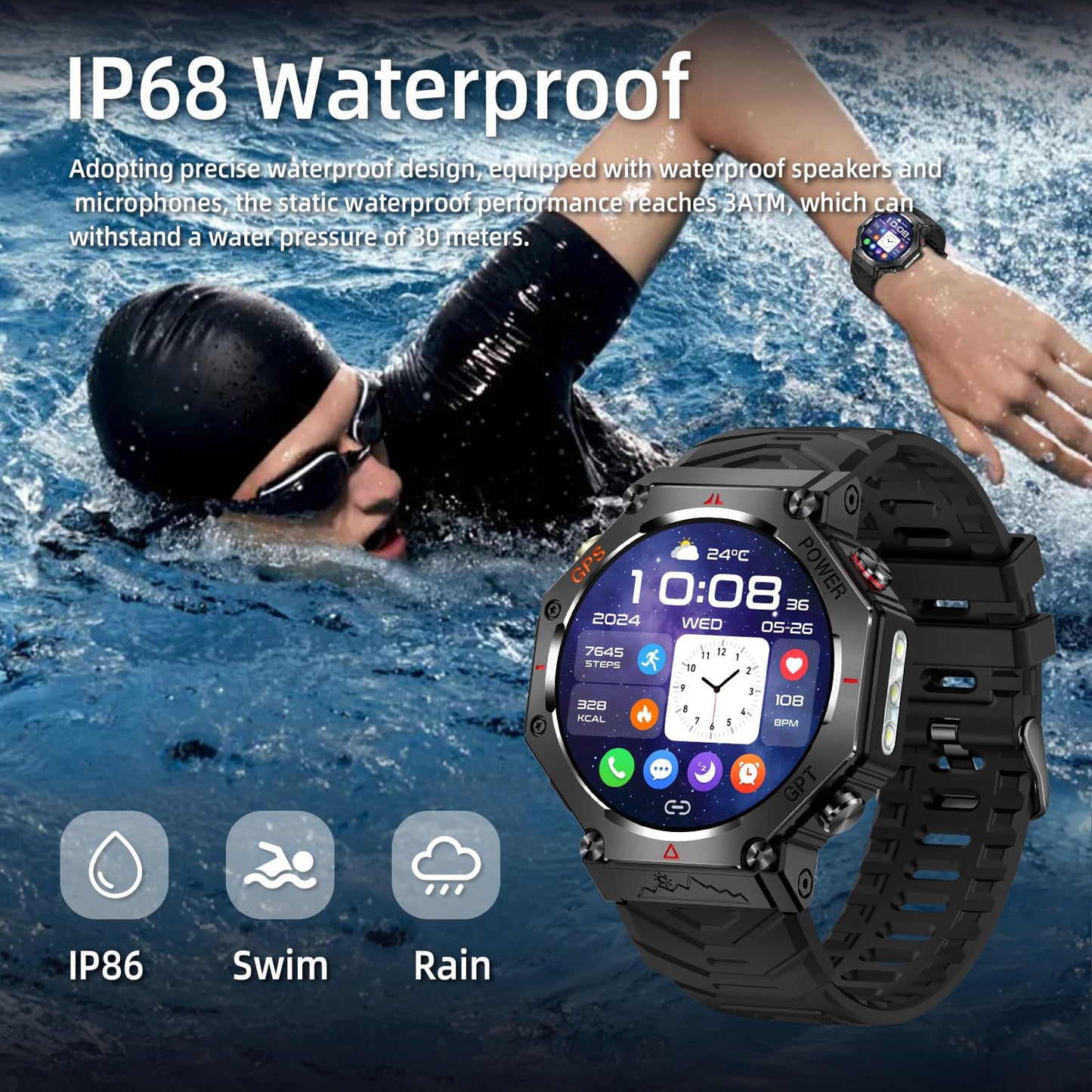 ZLKJ SW8(Black) 1.39" Stylish Smartwatch for Men, Bluetooth Calling, AI Voice Assistant, 107 Sport Modes, 3ATM Waterproof, Fashionable Design, Compatible with Android/iOS
