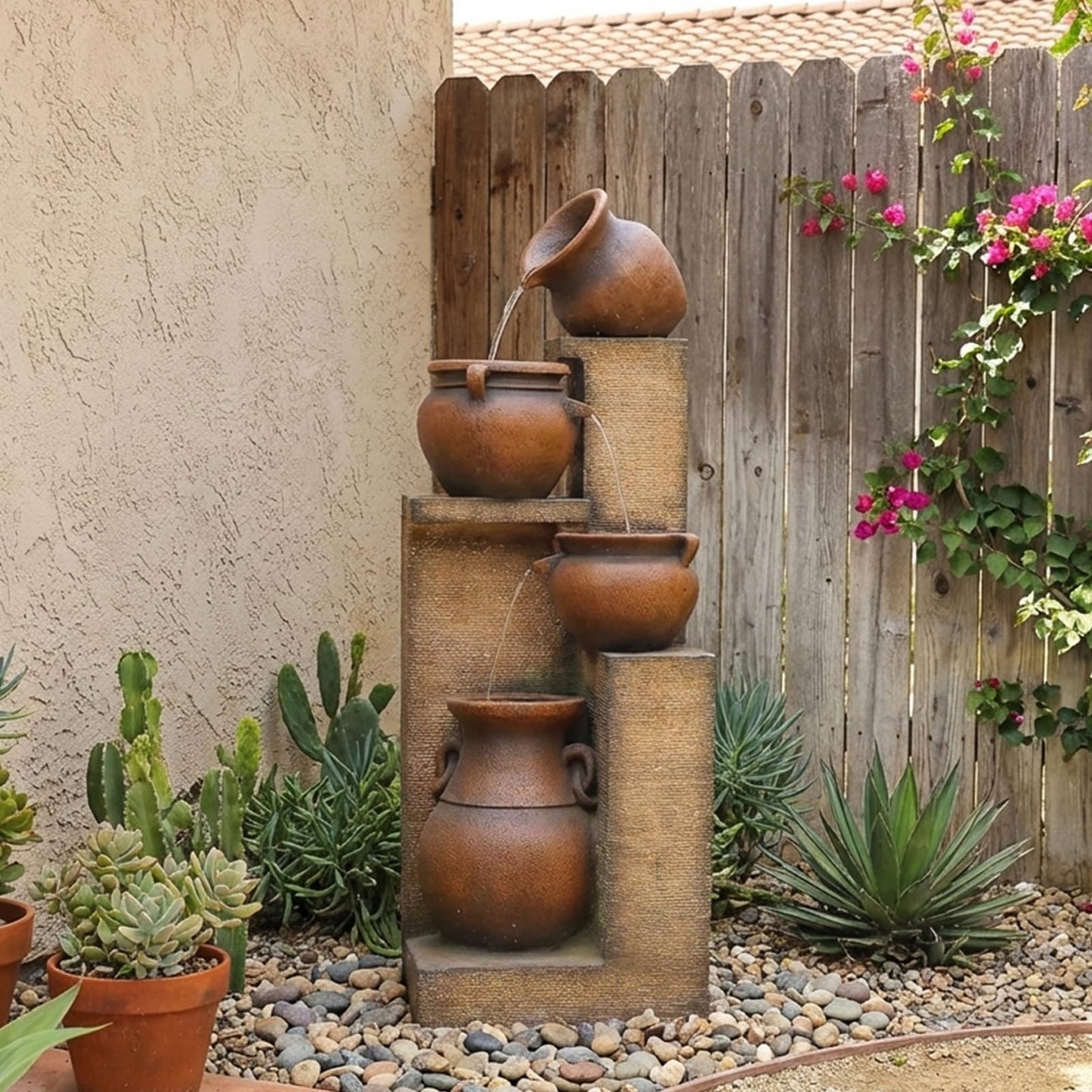 Bumilgar 53" H Large Outdoor Water Fountain with Lights - 4 Tiered Cascading Bowls Waterfall Fountain for Garden, Patio, Backyard, Porch Inside - Freestanding Outdoor Water Feature Gold