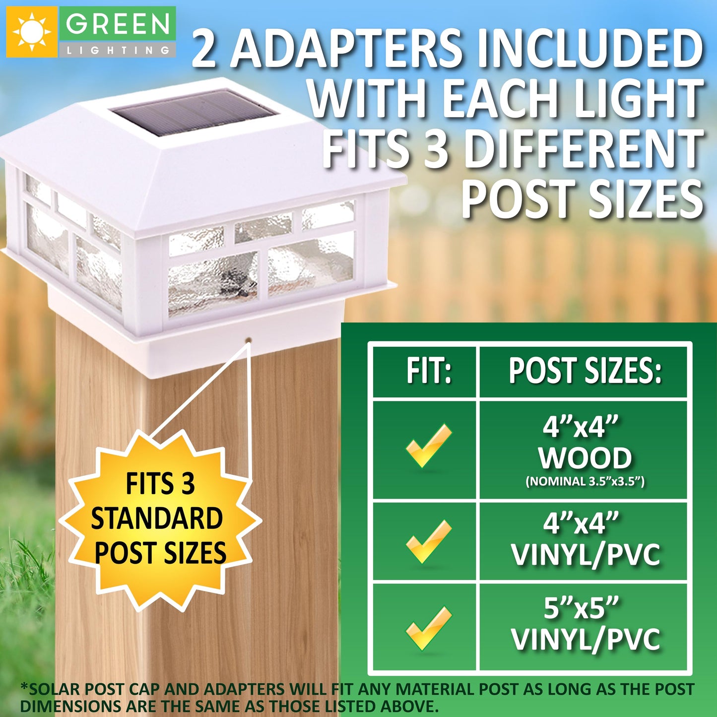 GreenLighting Solar Post Cap Lights, 8 Pack, Waterproof White, Fits 4x4 & 5x5 PVC/Vinyl, Bright LED, Model TN-1222606