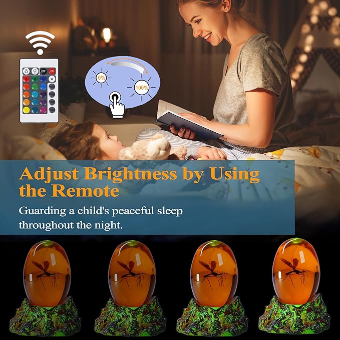 Jurassic 3D Mosquito in Amber Resin, Mosquito Resin with Volcanic Lava Lamp Base with Remote 16 Colors Flshing RGB Dimmmable, True 3D 3.3 Inches Tall Dinosaur DNA Replica Paper Weight Gifts