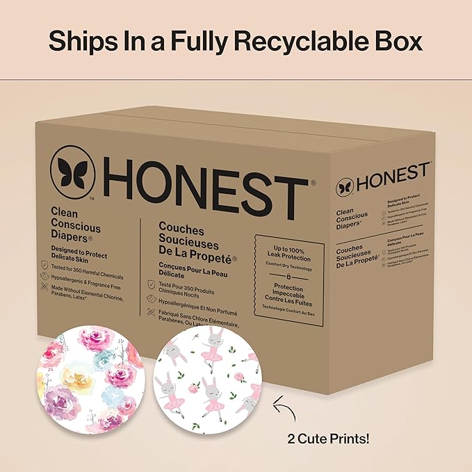 The Honest Company Clean Conscious Diapers for Sensitive Skin, Up to 100% Leakproof Hypoallergenic Fragrance-Free Baby Diapers, Girl Prints, Super Club Box, Size 1 (8–14 lbs), 136 Count