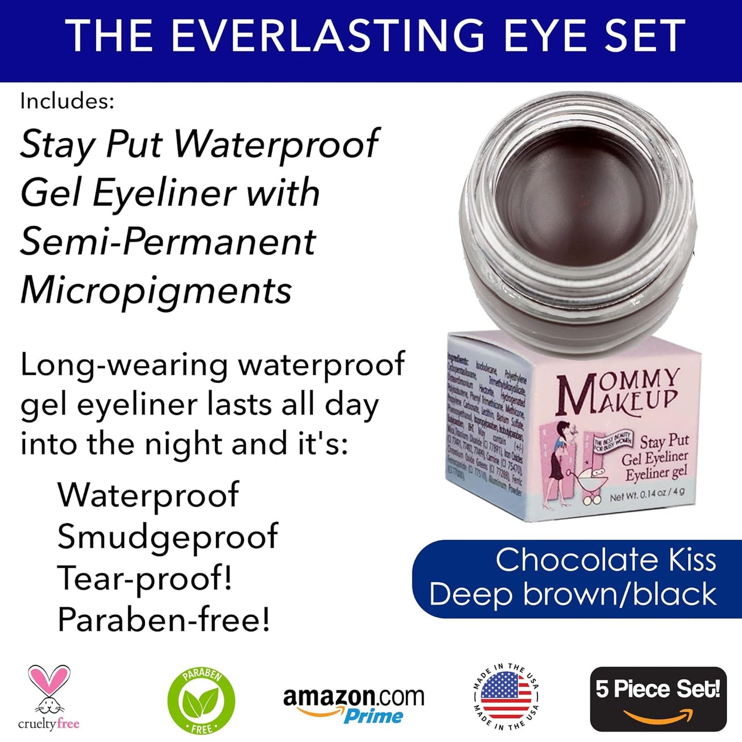 The Everlasting Eye 5 Piece Waterproof Makeup Set. Gel Eyeliner, Creme Eyeshadow, 2 brushes and Mesh Bag. Paraben-free, Talc-free, Cruelty-free. Golden Caramel/Chocolate Kiss 1502