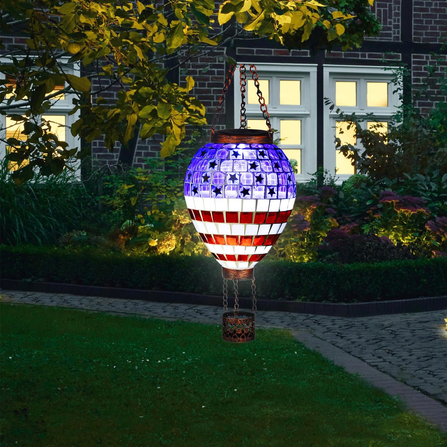 Voreen American Flag Hot Air Balloon Solar Lantern  Handmade Mosaic Outdoor Hanging Wind Light  Ip44 Waterproof  Patio Decorations  Gift For Mom Wife Friend  Patriotic Theme  4Th Of July Decor