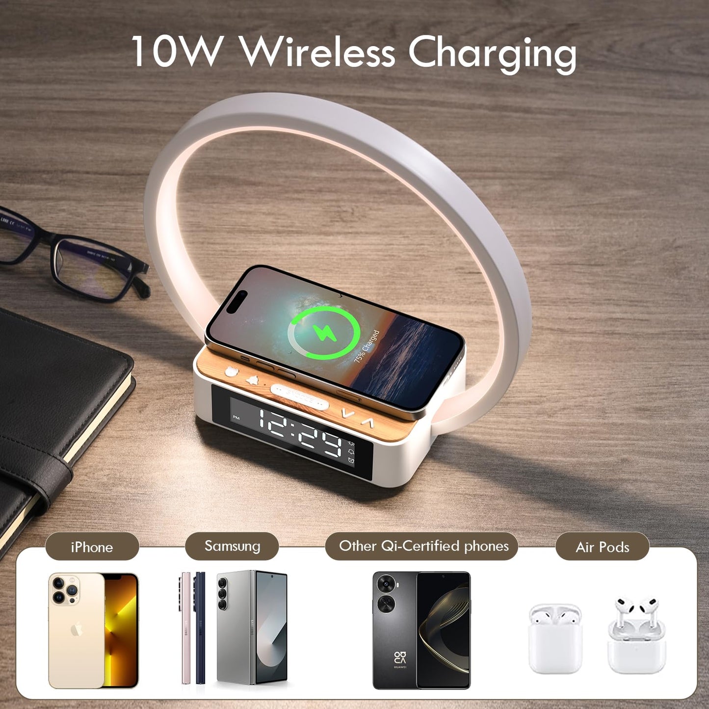 WILIT Bedside Lamp with Alarm Clock, Touch Control, Wireless Charger, Dimmable, Model B17, White/Brown
