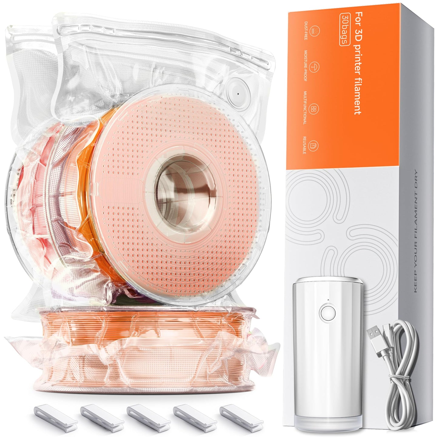Filament Storage Bags with Auto Pump - Upgraded 30 Extra Large Filament Bags (14.9 * 13 inch) Plus 30 Desiccants and 5 Clips - Extra Large Filament Vacuum Bags Designed for Bambulab Reusable Spool