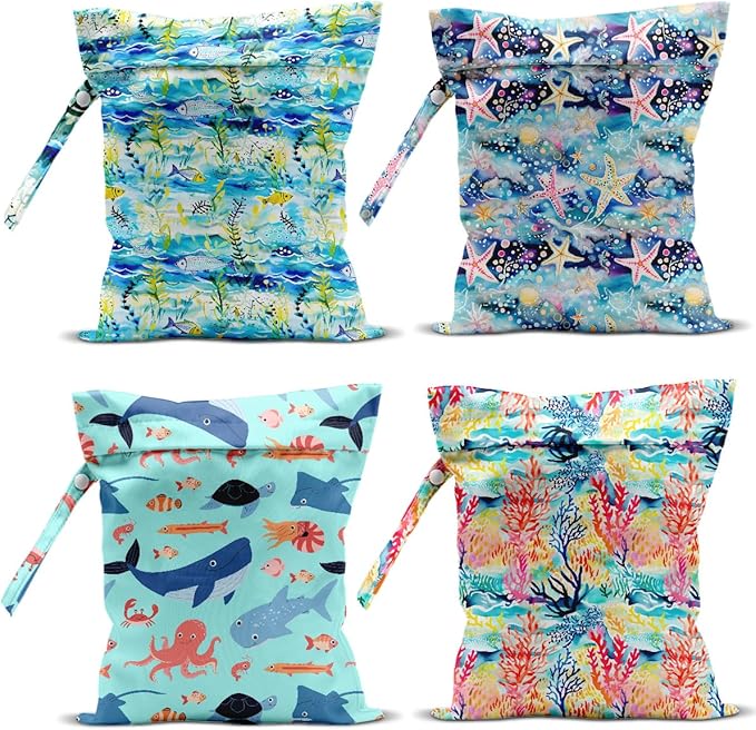 4 Pack Wet Bag for Swimsuit, Beach Travel Essentials Wet Dry Bag, for Sunscreen Toiletry Dirty Clothes Yoga Gym Diaper, Friend Summer Beach Vacation Gifts. Ocean Theme