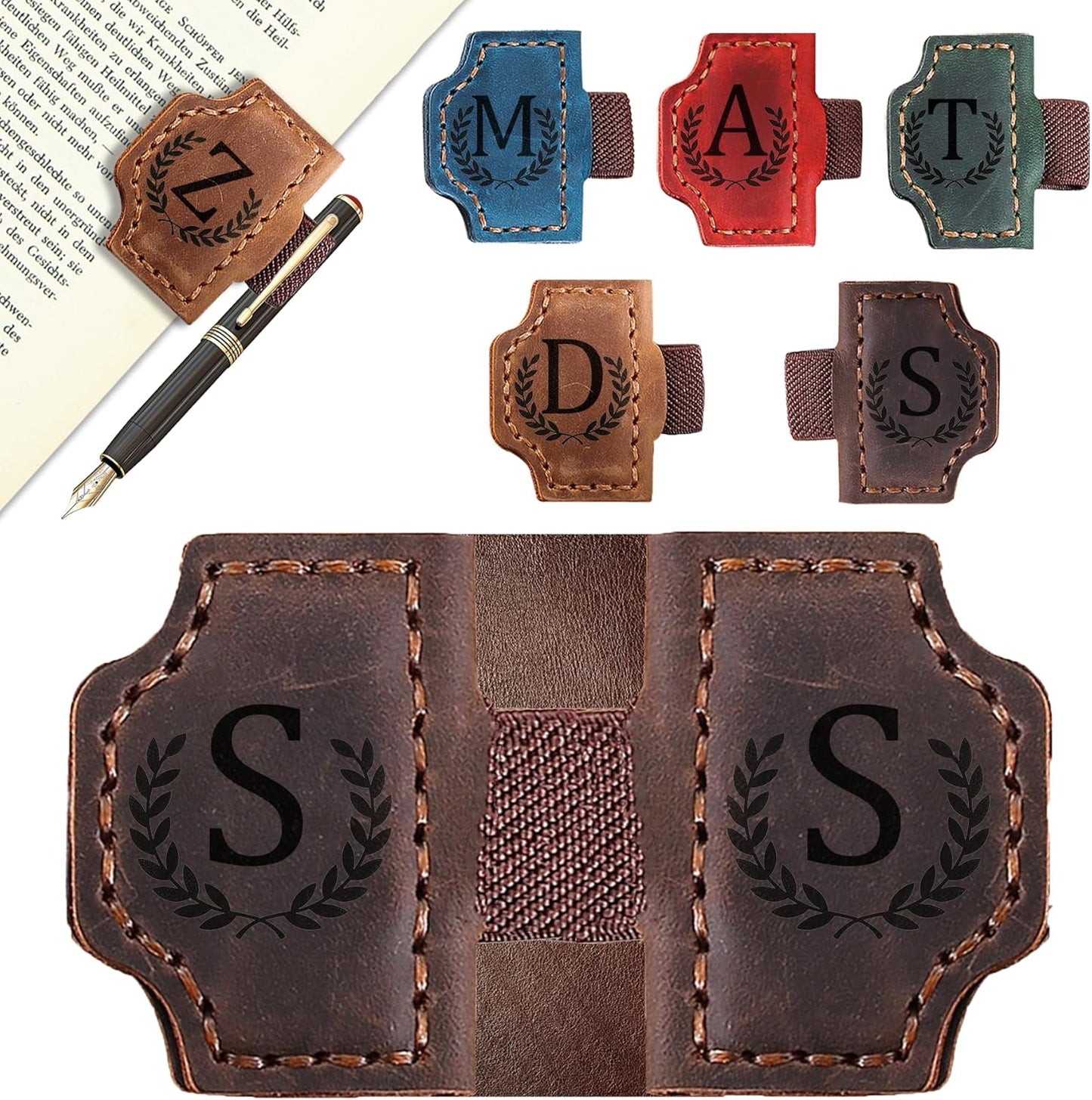 Bygone Mark Bookmark with Pen Holder, 26 Letters Name Initial Personalized Magnetic Bookmarks, Leather Book Mark for Men Women, Travelers Accessories, Teachers Readers Book Lovers Gifts (Coffee, S)