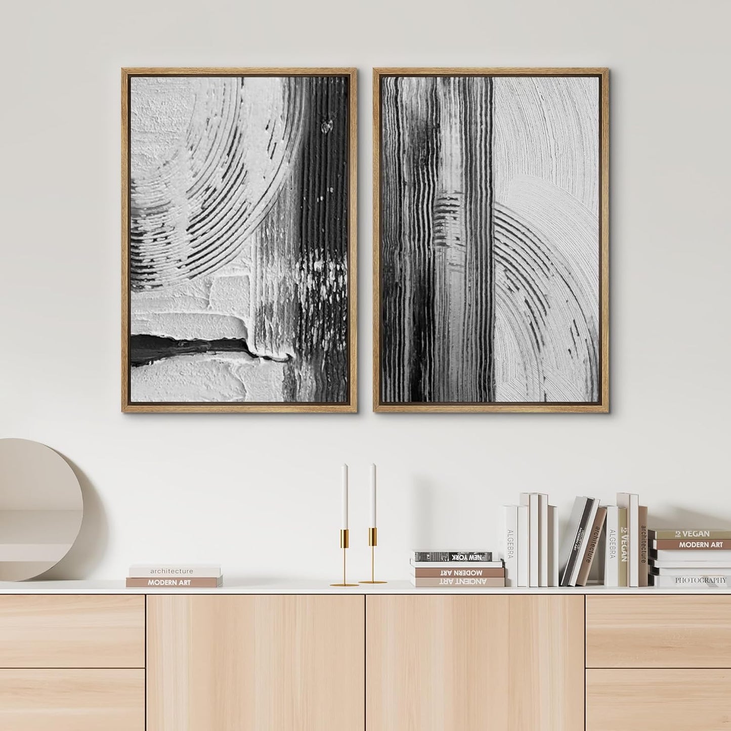SIGNWIN Framed Canvas Print Wall Art Set Black White Industrial Paint Strokes Abstract Shapes Illustrations Modern Art Minimal Decorative Nordic for Living Room, Bedroom, Office - 24"x36"x2 Natural