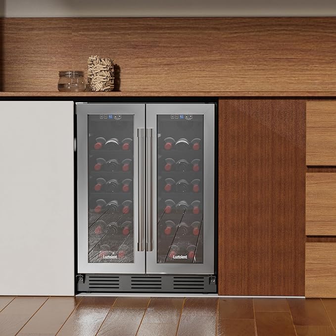 34 Bottles Wine Cooler, 24 Inch Wine Fridge Dual Zone, Built-in or Under Counter, 41-64°F Digital Touchscreen, Triple-Layer Glass, Two French Door Wine Cellar for Home, Commercial, Bar