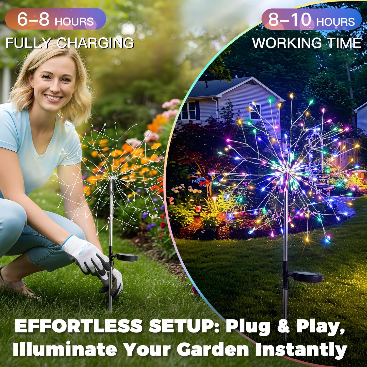 suddus Solar Garden Lights - 150LED Waterproof Firework Lights, 8 Modes, 2 Pack, Multicolor