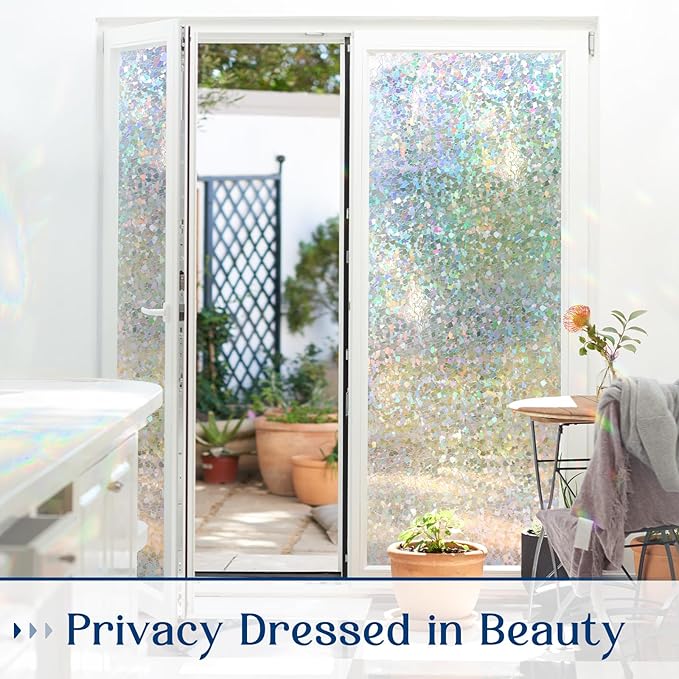 Haton Window Privacy Film Rainbow Film Stained Glass Window Clings, 3D Decorative UV Sun Blocking Sticker, Static Cling Removable Heat Control Tint for Home Door, 17.5" x 78.7" Non-Adhesive