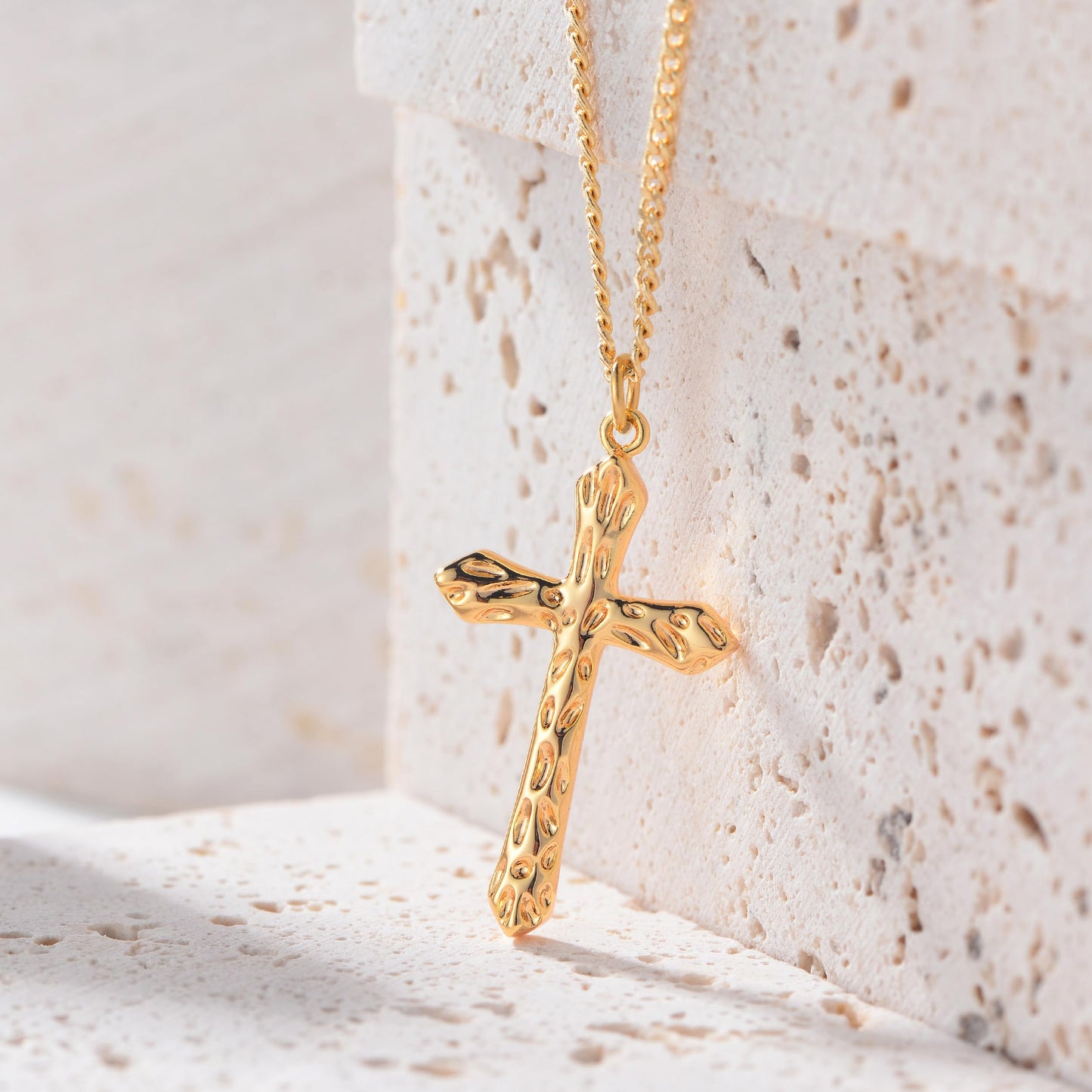 Fettero 14K Gold Plated Cross Necklace, Hammered Cross Faith Pendant Dainty Chain Simple Tiny Jewelry Gift for Women