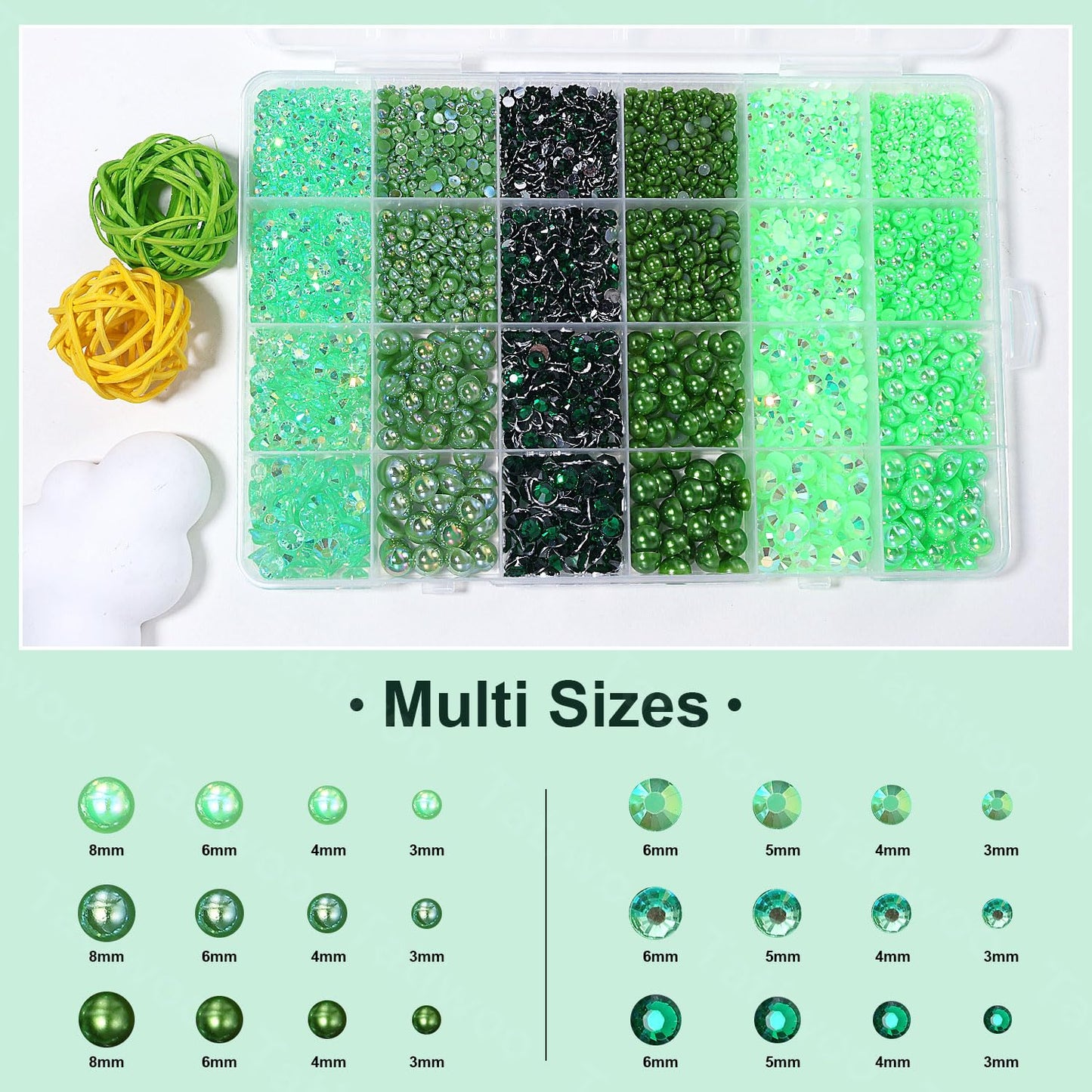 9000 Pcs Green Flatback Pearls and Rhinestones for Crafts, 3/4/5/6mm Jelly Resin Rhinestones, Mixed Size 3/4/6/8mm Half Pearl Be