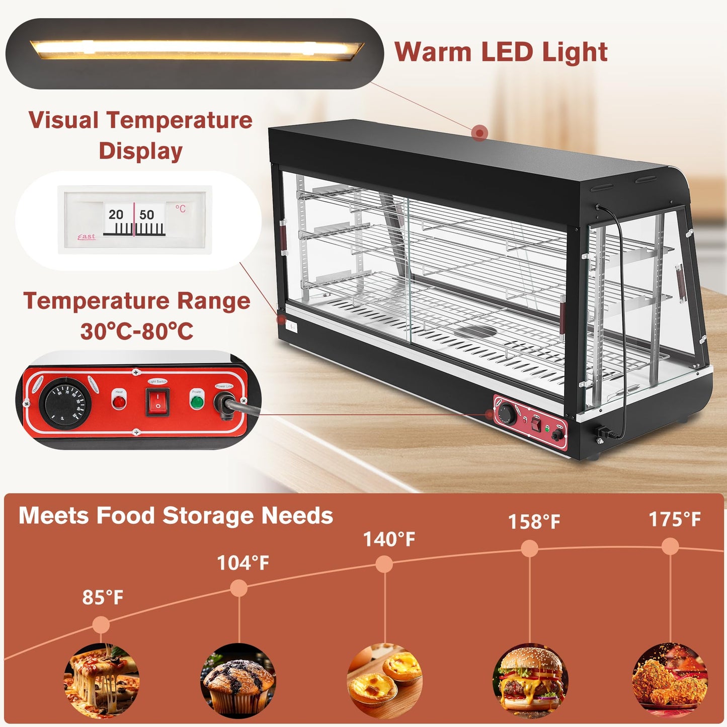27 inch Food Display Warmer Case,3-Tier Countertop Food Warmer Display, Glass Showcase, with Removable Shelves,LED Lighting Pastry for Catering Pizza Buffet Restaurant