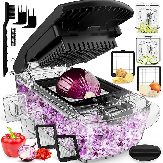 Fullstar Vegetable Chopper - Food Chopper - Onion Chopper - Vegetable Slicer & Spiralizer - Veggie Chopper with Container - Kitchen Gadgets - Home Essentials - Kitchen Accessories (4 in 1, Clear)
