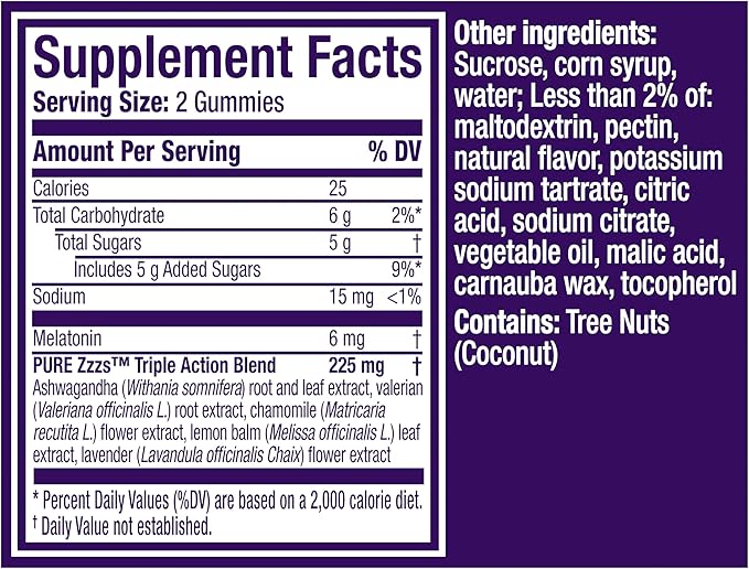 ZzzQuil PURE Zzzs Triple Action, Melatonin Gummies, Melatonin 6mg, 3X Melatonin, Sleep Aid with Ashwagandha, Calm Mood, Antioxidant Action, Sleep Aids for Adults, 60 Sleep Gummies