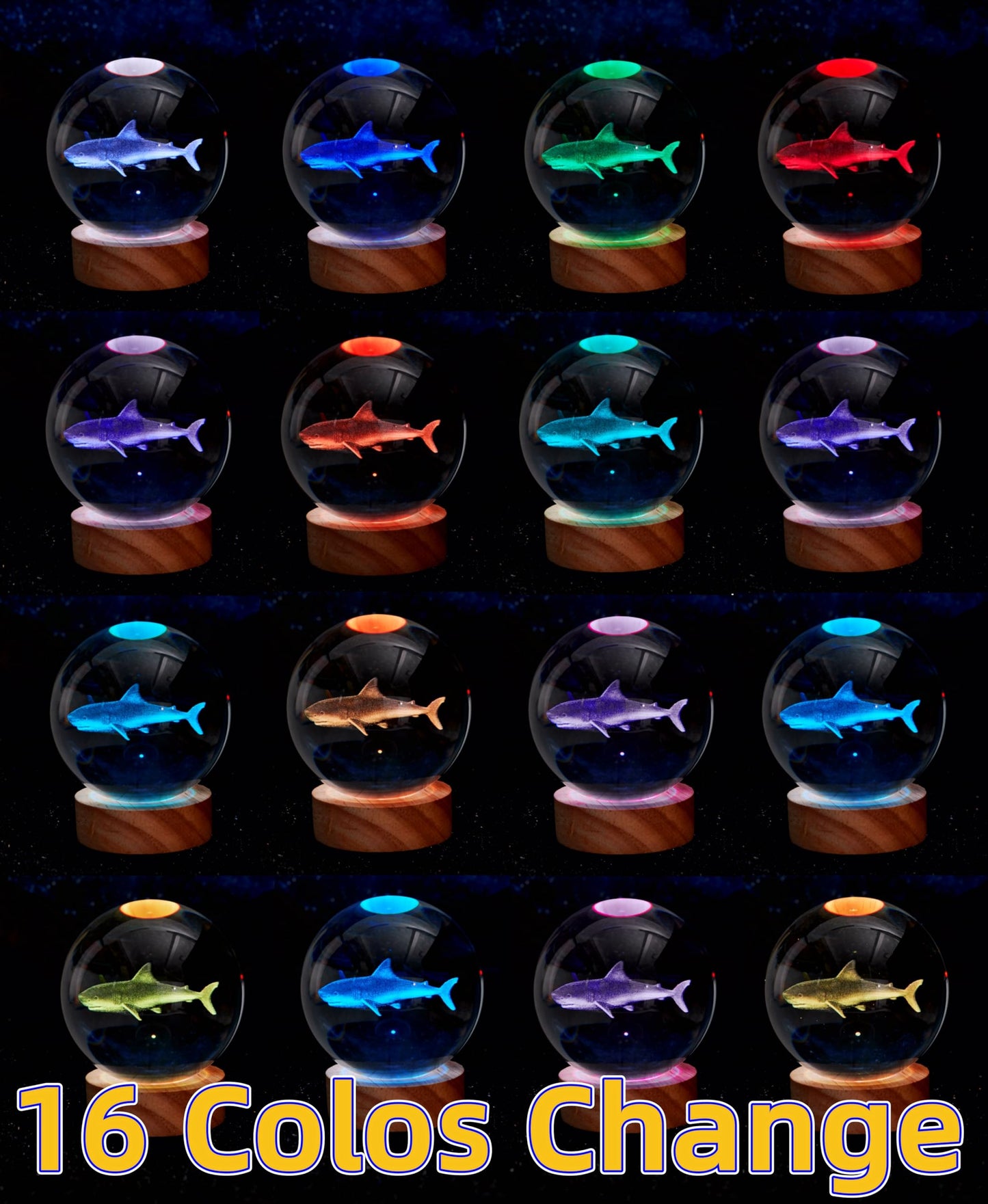 DIGFPWT Shark Crystal Ball Night Light, 3.15 Inch 3D LED Lamp, 16 Colors with Remote, Gift Box Packaging