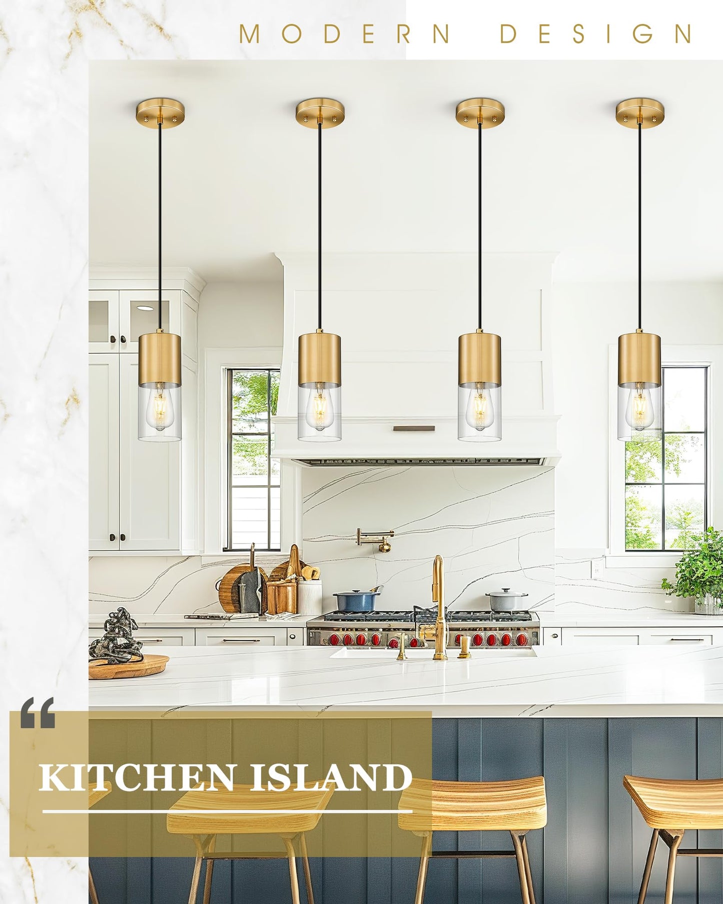 Audickic 2-Pack Pendant Lights Kitchen Island  Brushed Gold Shade Hanging Lights Fixtures With Cylinder Clear Glass  Brass Kitchen Pendant Lighting Over Island For Dining Room  Ad-24023-1P2-Gd