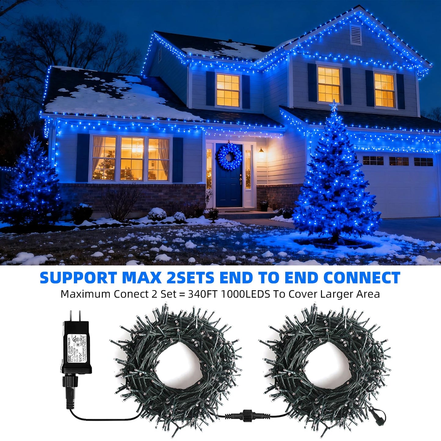 Vtechology 500 Led Blue Christmas Tree Light Plug In Connectable 170Ft String Lights With 8Modes Ul Certified Outdoor Indoor For Halloween Holiday Bedroom Party Decor