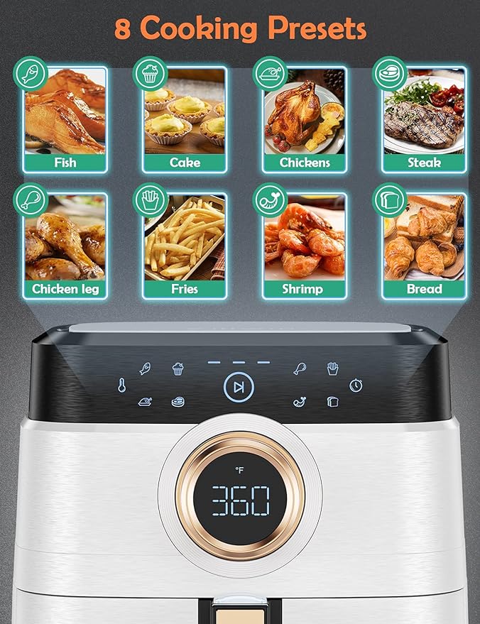 Air Fryer, ALLCOOL Airfryer Oven 8QT Large Air Fryer 1700W 8-in-1 with Touch Screen Air Fryers Dishwasher Safe Nonstick Tray Freidora de Aire 32 Recipes BPA & PFOA Free White Air Fryer