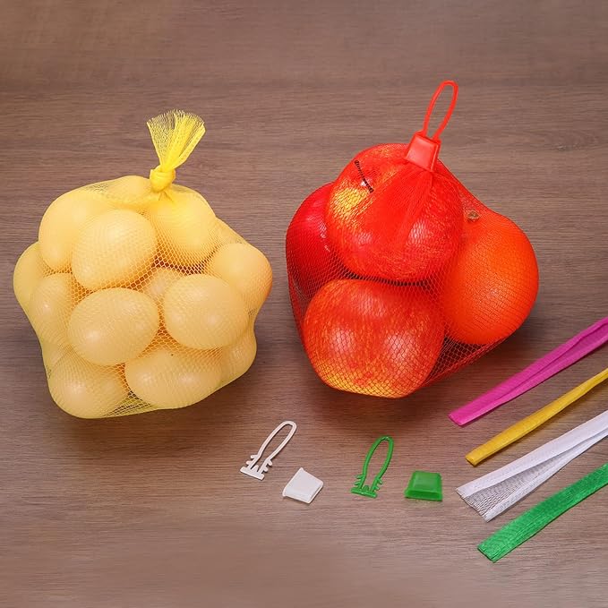 uxcell 100Pcs Reusable Produce Mesh Bags, 35cm Mesh Nylon Netting with Loop-Style Closures, Stretchable Egg Hatching Bags for Fruit Vegetable Storage, Yellow