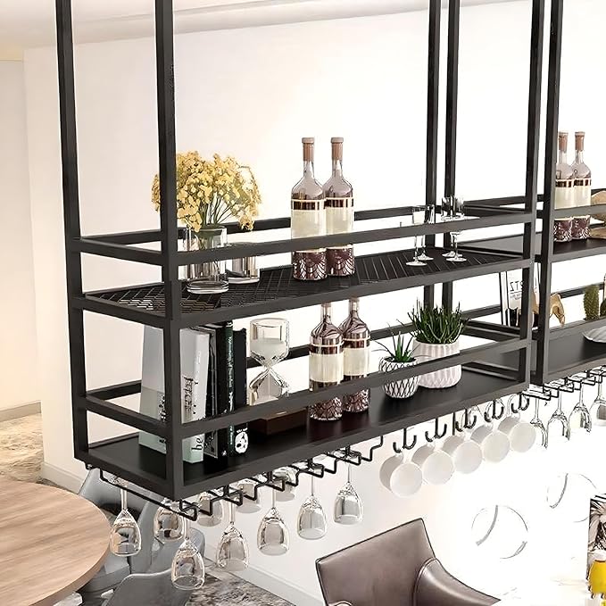 Ceiling Wine Glass Rack, Hanging Wine Display Shelf 2-Tier, Bar Liquor Storage Shelf for Bar Cafe Kitche, Metal Wine Bottle, Goblet Stemware Rack(Black, 55.11x39.37x11.81in)