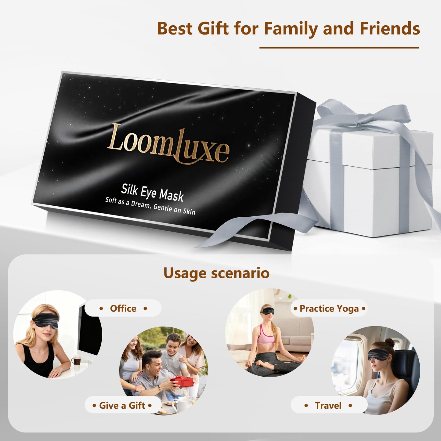 Loomluxe Sleep Mask Silk Eye Mask for Men Sleeping Mask, Adjustable Elastic Strap for Night Shading Sleep Mask, Soft and Comfortable for Both Men and Women(Black)