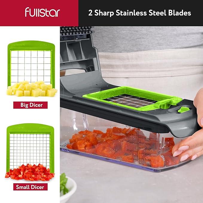 Fullstar Vegetable Chopper - Food Chopper - Onion Chopper - Vegetable Slicer & Spiralizer - Veggie Chopper with Container - Kitchen Gadgets - Home Essentials - Kitchen Accessories (8 in 1, Gray/Green)