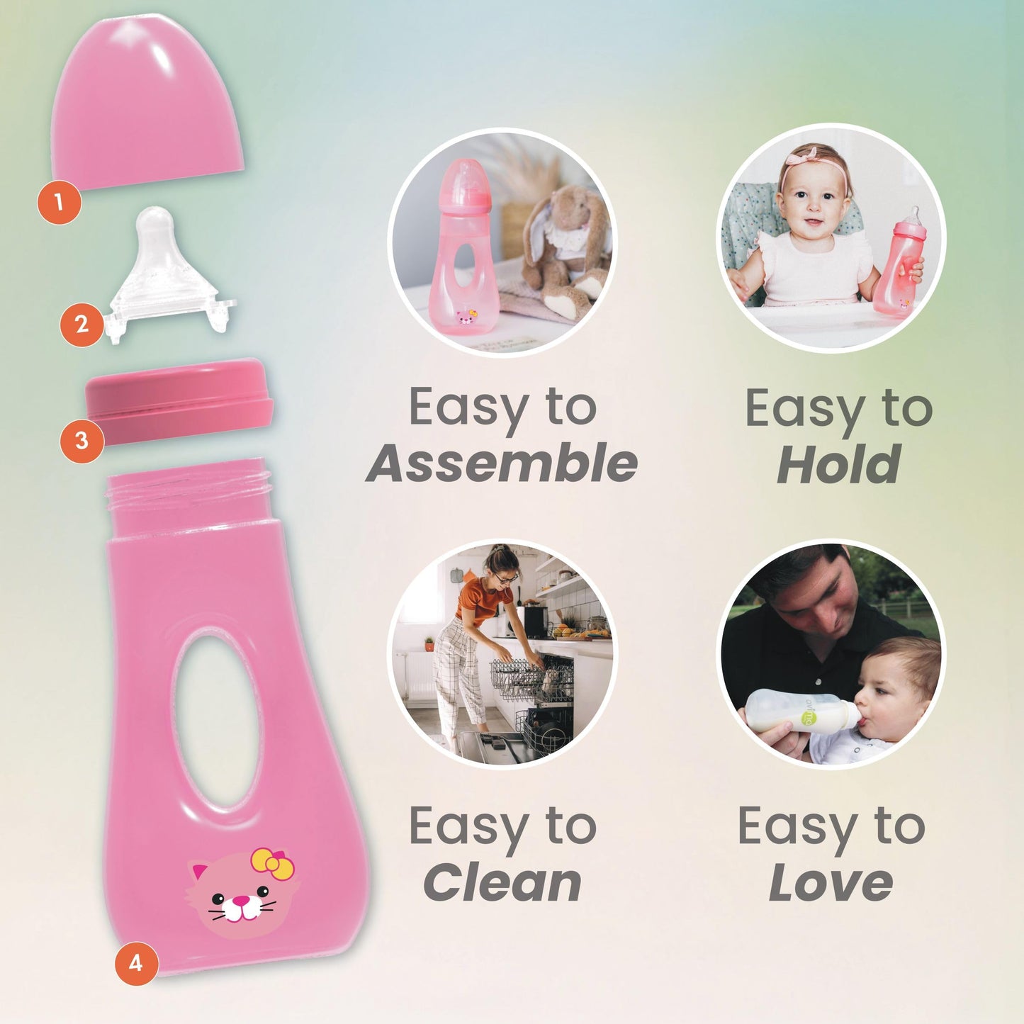 Avima Easy Grip Anti Colic Baby Bottles, BPA Free, 8 oz. Wide Neck w/Medium Flow Silicone Nipples & Bottle Brush Pink Set (Pack of 3)