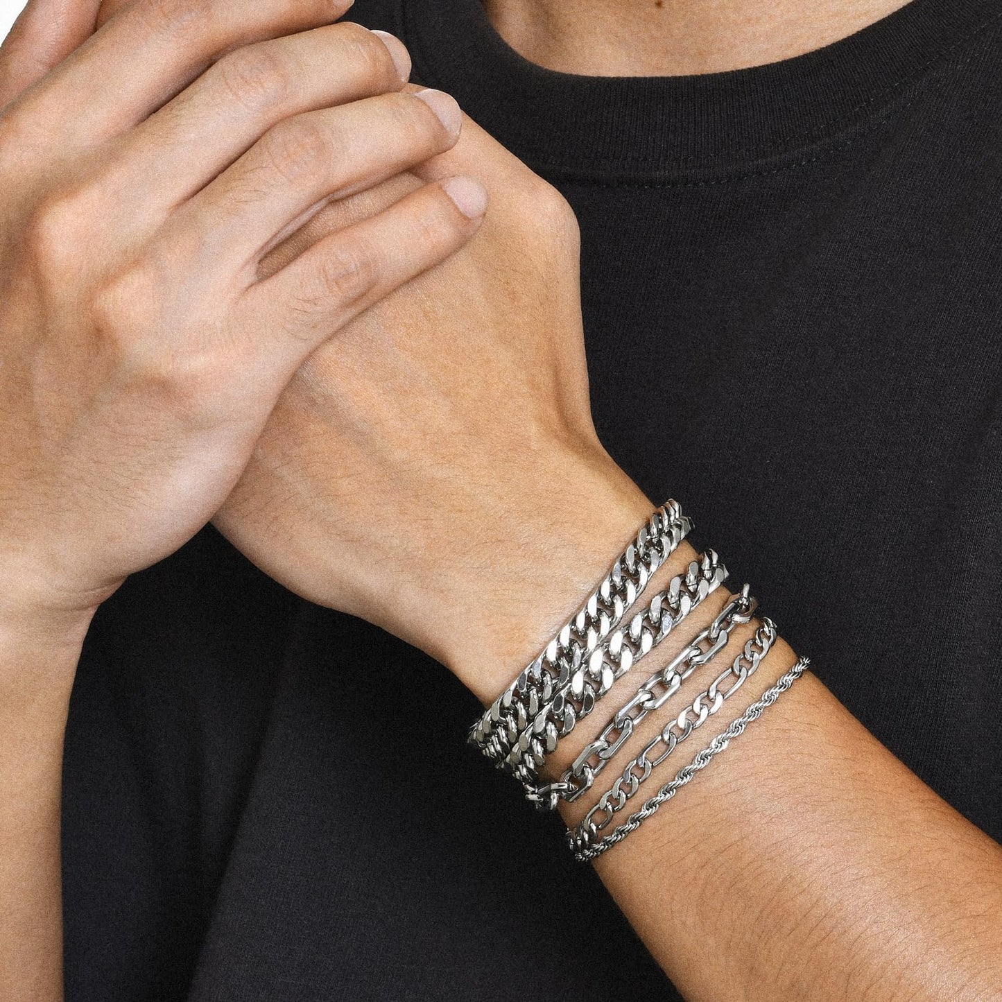 VNOX Silver Chain Bracelets for Men - 5 Pcs Solid Stainless Steel Rope/Figaro/Paperclip/Cuban Link Curb Chunky Chain Bracelet Se