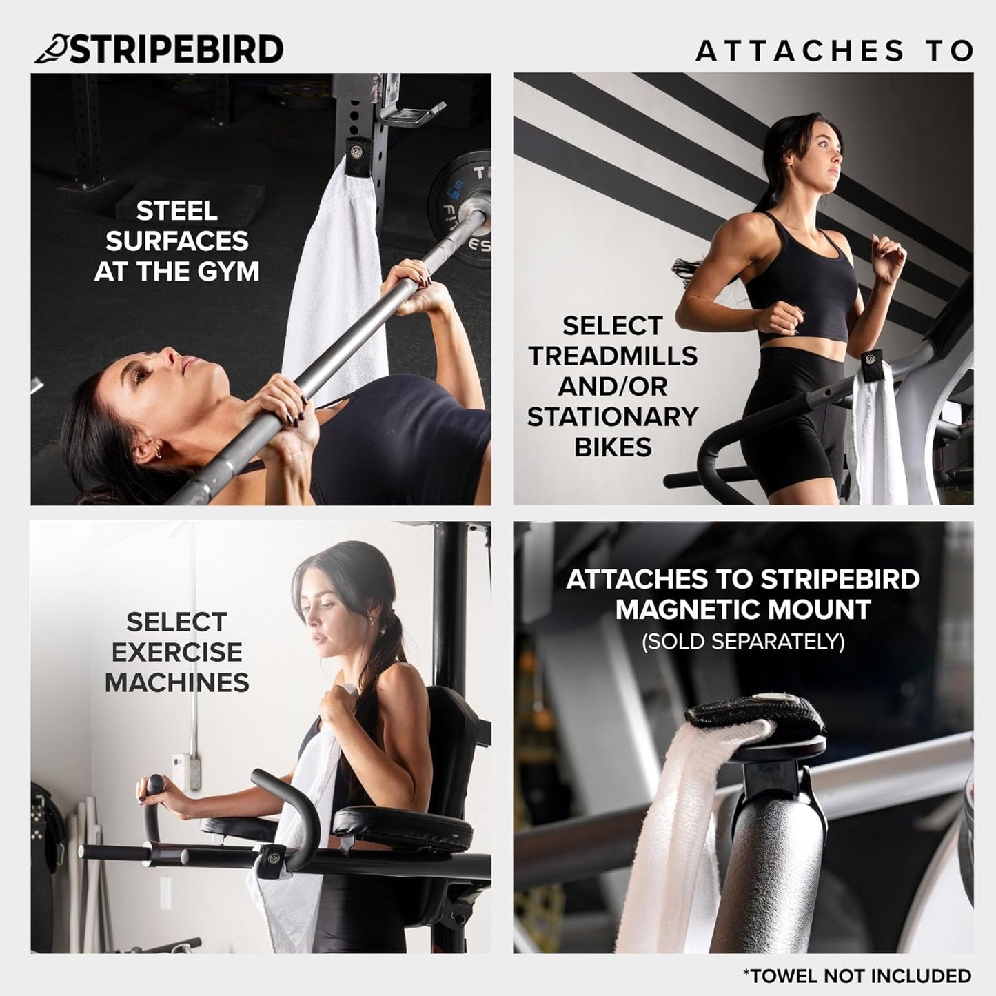 Stripebird - Magnetic Clip for Any Workout Towel (Black) - Highest Strength Magnet for Gym Towel - Removable from Towels - Magnetic Fitness Towels for Men
