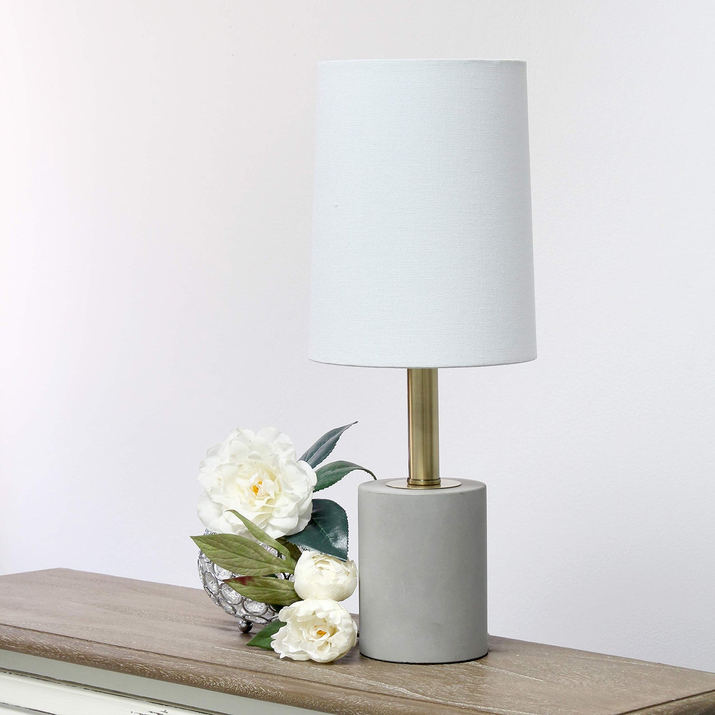 Elegant Designs Cement Table Lamp LT3314-WHT with Antique Brass Detail, White
