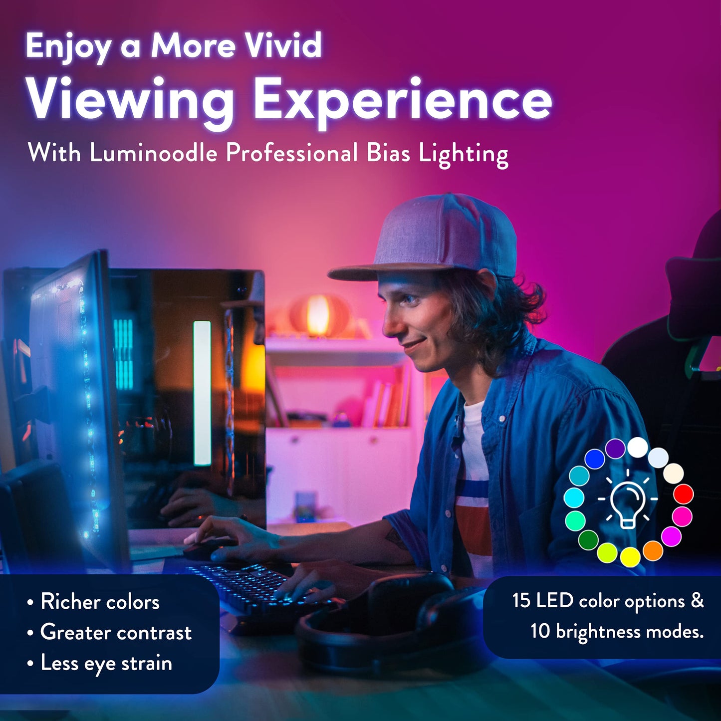 Power Practical Luminoodle Color Bias Lighting Kit, 6.6 ft LED Strip Lights for 24in to 60in TV, White, with Dimmer and Remote
