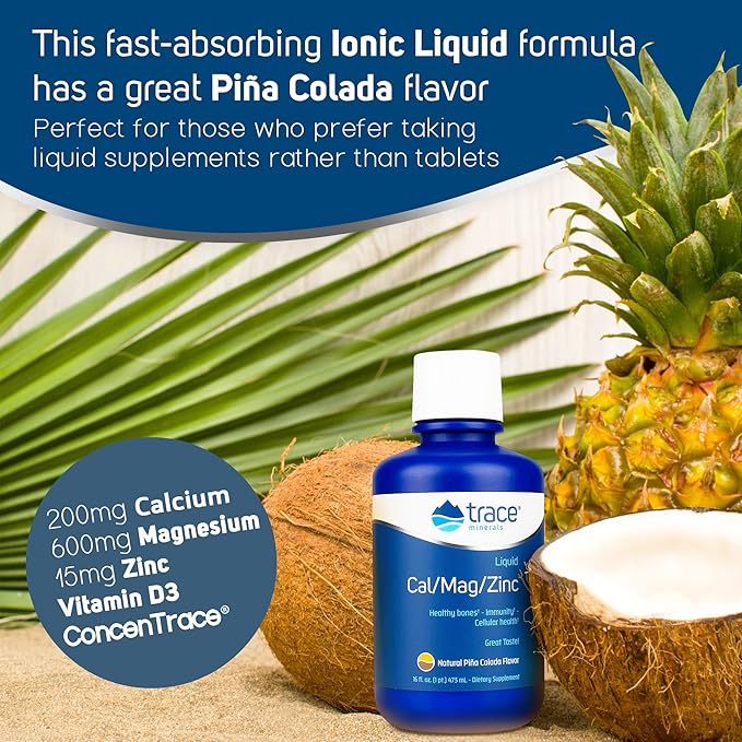 Trace Minerals | Liquid Cal/Mag/Zinc | Calcium, Magnesium, Zinc, Vitamin D3 Supplement | Supports Normal Tissue, Muscle, and Bone Density | Natural Piña Colada Flavor | 16 Servings, 16 fl oz.