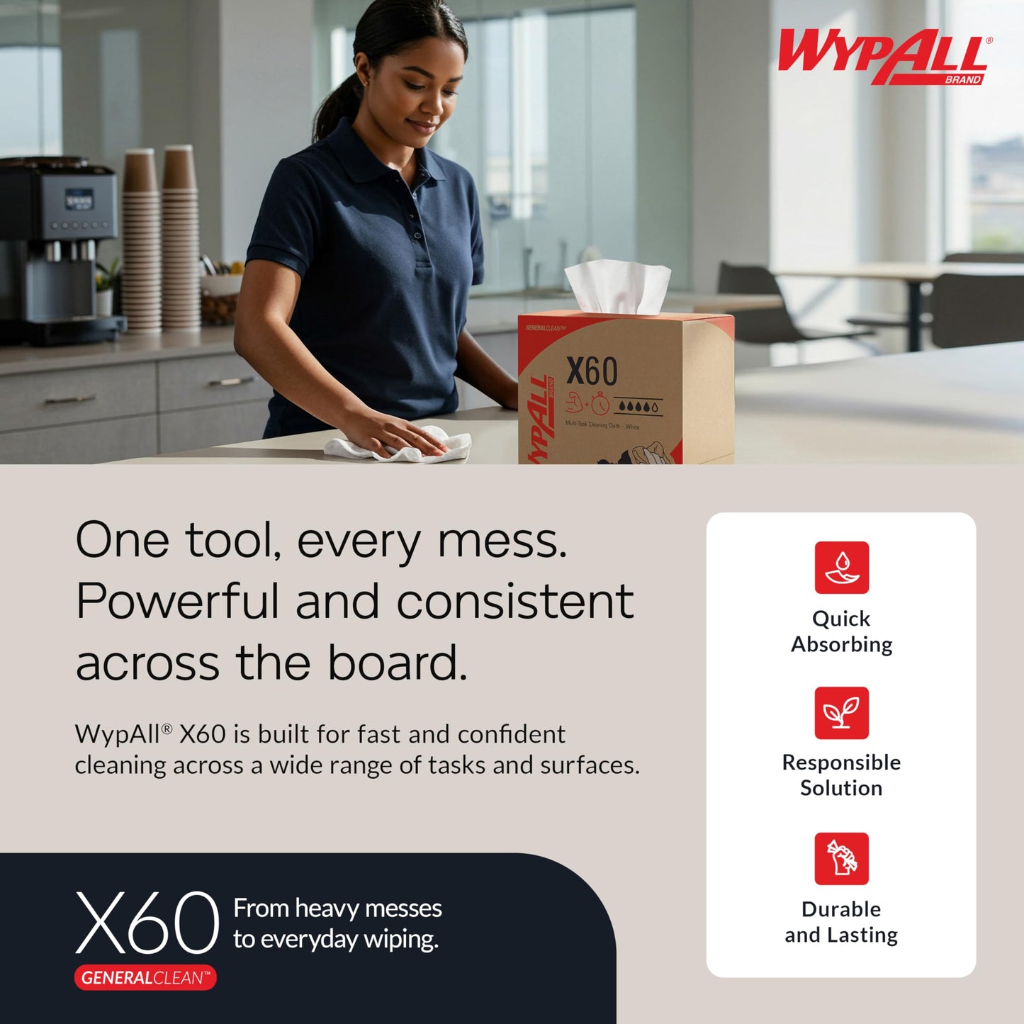 WypAll GeneralClean X60 Cloths Multi-Task Cleaning Wipes (54015), Brag Box, Strong and Absorbent Towels, White (1 Pack of 236 Sheets, 236 Sheet Total)