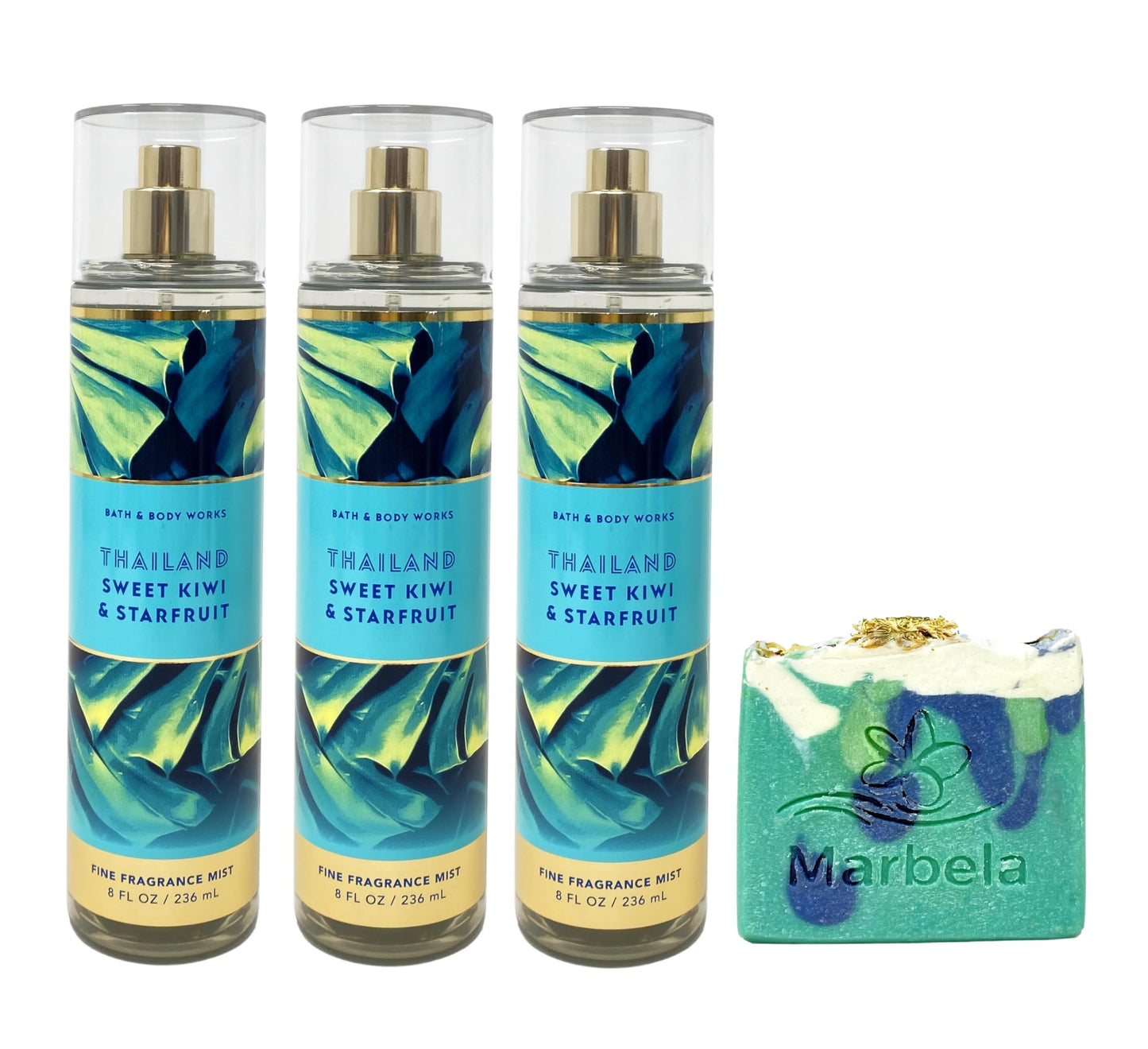 Bath & Body Works Thailand Sweet Kiwi & Starfruit 3 Pack Fine Fragrance Mist Set with an Aloe Vera Bar Soap - Full Size