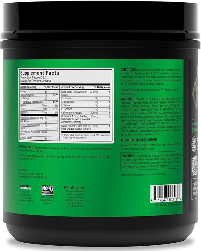 JYM Supplement Science Pre JYM Pineapple Strawberry Pre Workout Powder for Men & Women, BCAAs, Nootropics, Creatine HCI, Citrulline, Beta-Alanine, Betaine, Taurine, Huperzine, 30 Servings