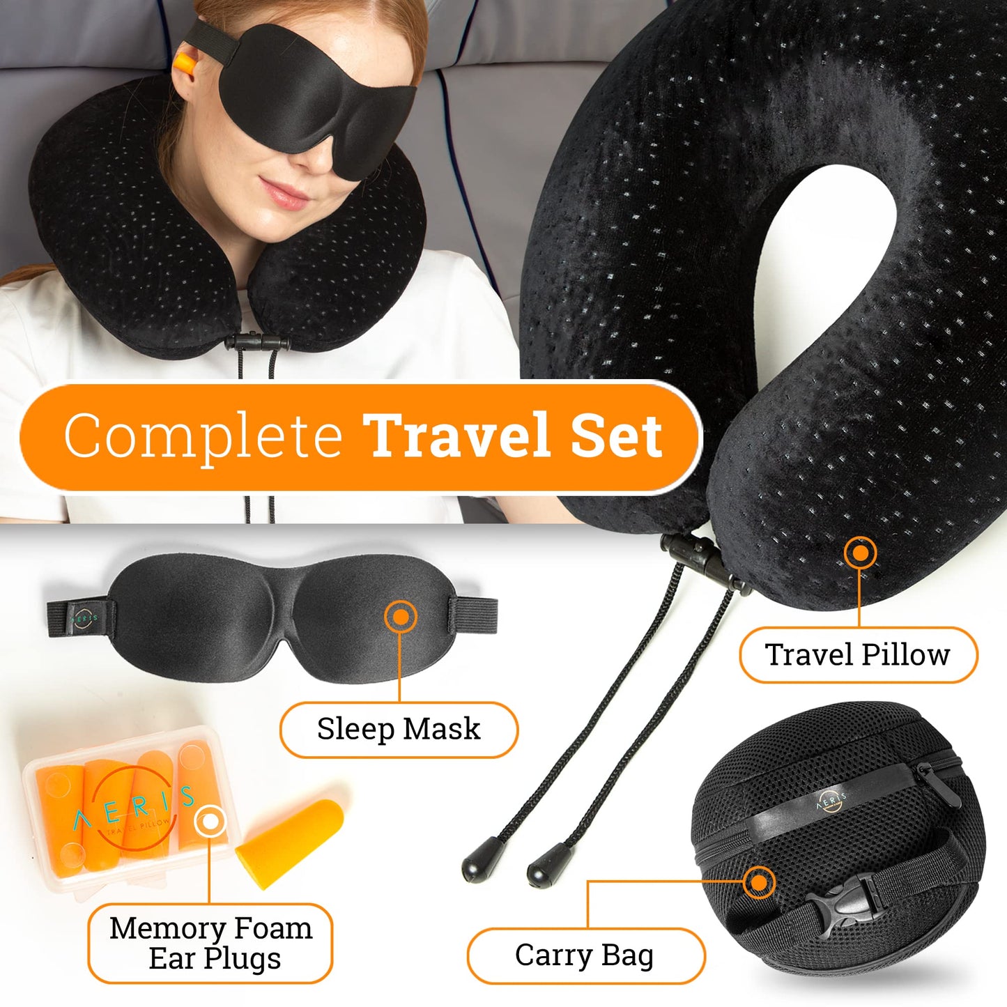 Aeris Memory Foam Travel Pillow for Airplanes - Best Airplane Neck Pillow for Long Flights - Plane Accessories Carry Bag to Save Space, Ear Plugs and Eye Mask - Perfect Flight Set & Gift