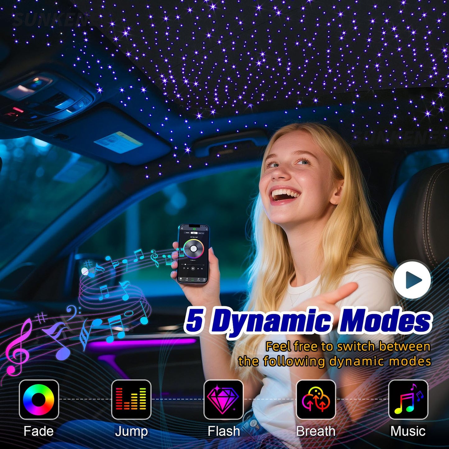 SUNKENET Starlight Headliner Kit - 400pcs Fiber Optic Lights, 9.8ft, Pure White, Bluetooth APP/Remote Control, Model QJ-L006