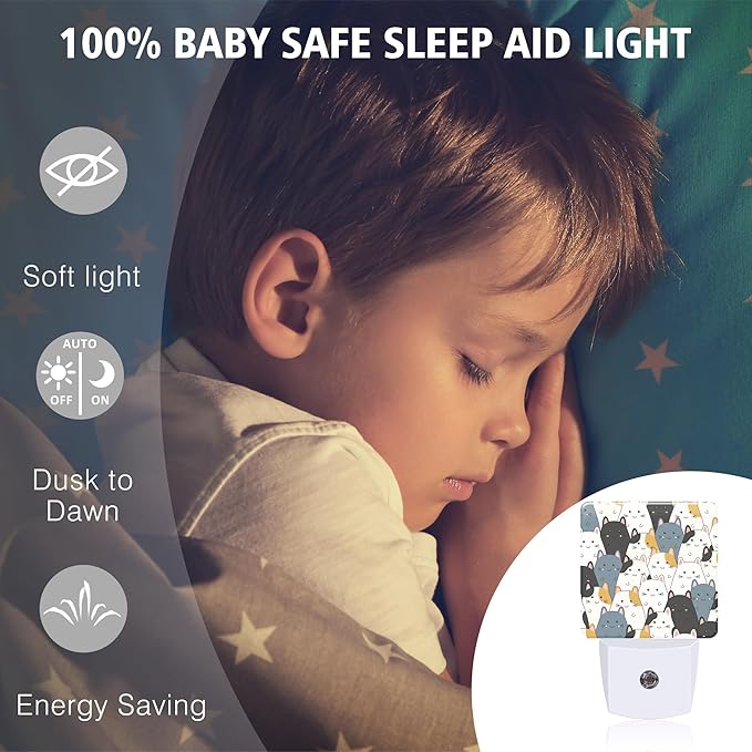 Cat Night Light Cartoon Cat Plug in Night Lights LED Lamp with Dusk to Dawn Sensor Auto Energy Saving Square Lights for Bedroom Bathroom Hallway Home Wall Decor Nightlight