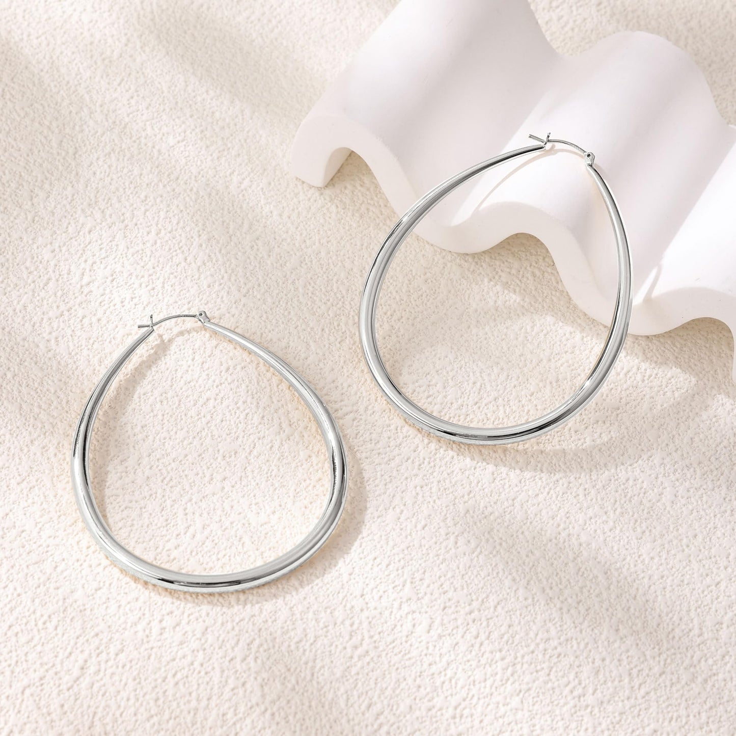 Gacimy Silver Chunky Hoop Earrings for Women, 14K White Gold Plated Oval Hoop Big Earrings with 925 Sterling Silver Post, 70mm W
