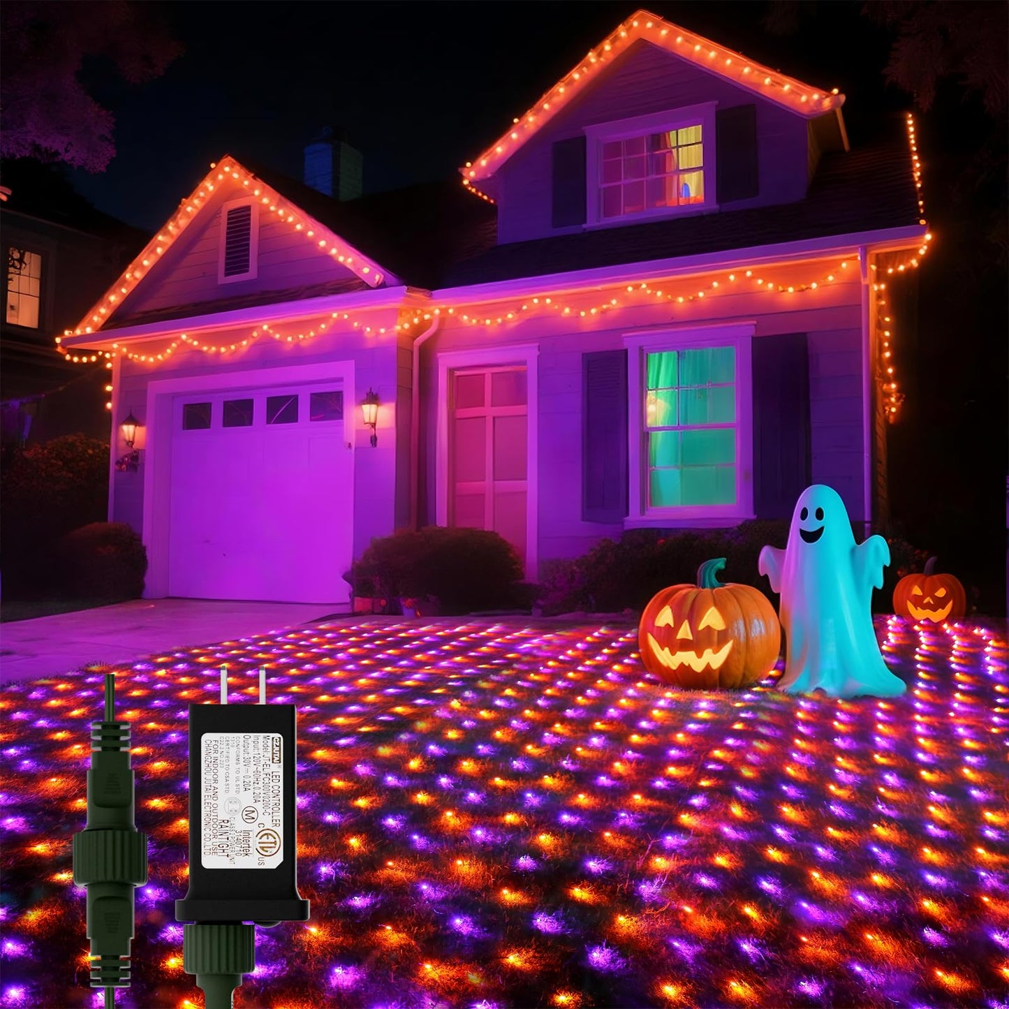 Lithome 21Ft X 5Ft Halloween Net Lights  360 Led Purple Orange Bush Lights With 8 Modes  Connectable Waterproof Net Mesh Light Dark Green Wire For Bushes Shrubs Trees Outdoor Holiday Decor