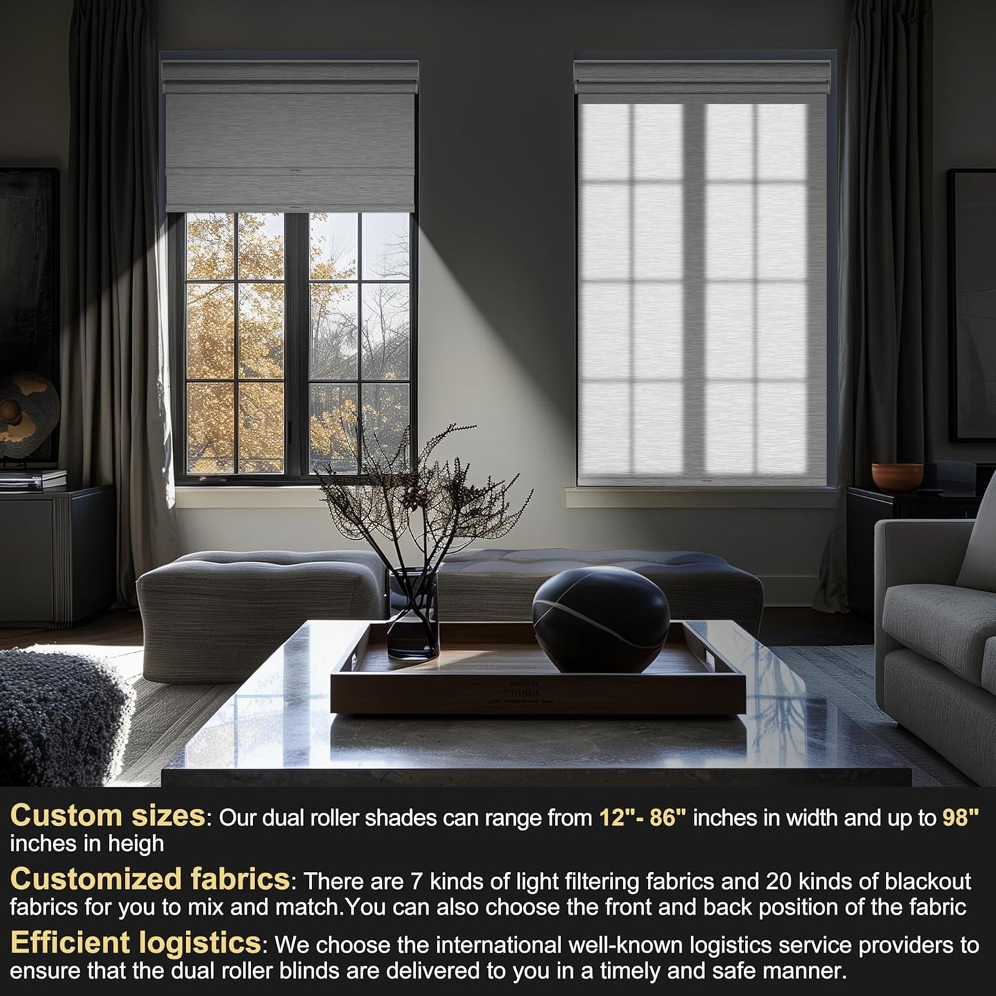 BERISSA Dual Roller Shades, Blackout & Filtering with Cassette Valance, Custom Sizes for Home Office. Maze White