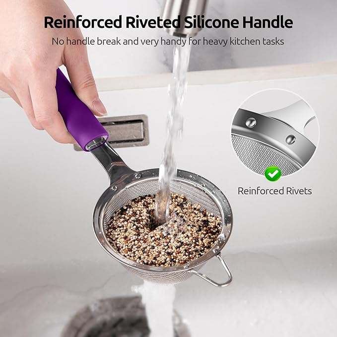 U-Taste Fine Mesh Food Strainer: 18/8 Stainless Steel 30 Mesh Kitchen Sieve with Sturdy Riveted Silicone Handle, Heavy Duty Deep Handheld Metal Colander (Small/3.35in+Medium/4.73, Purple)