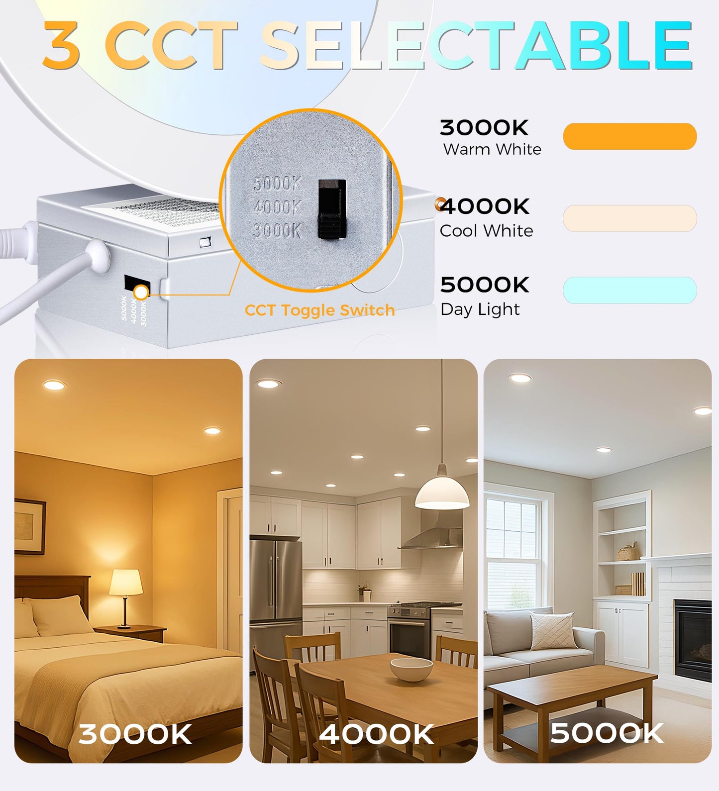 CLOUDY BAY Ultra Thin Recessed Downlight 10W 3CCT 4 Inch White LJD004WH3C-6PK Dimmable Canless Wafer Light 6