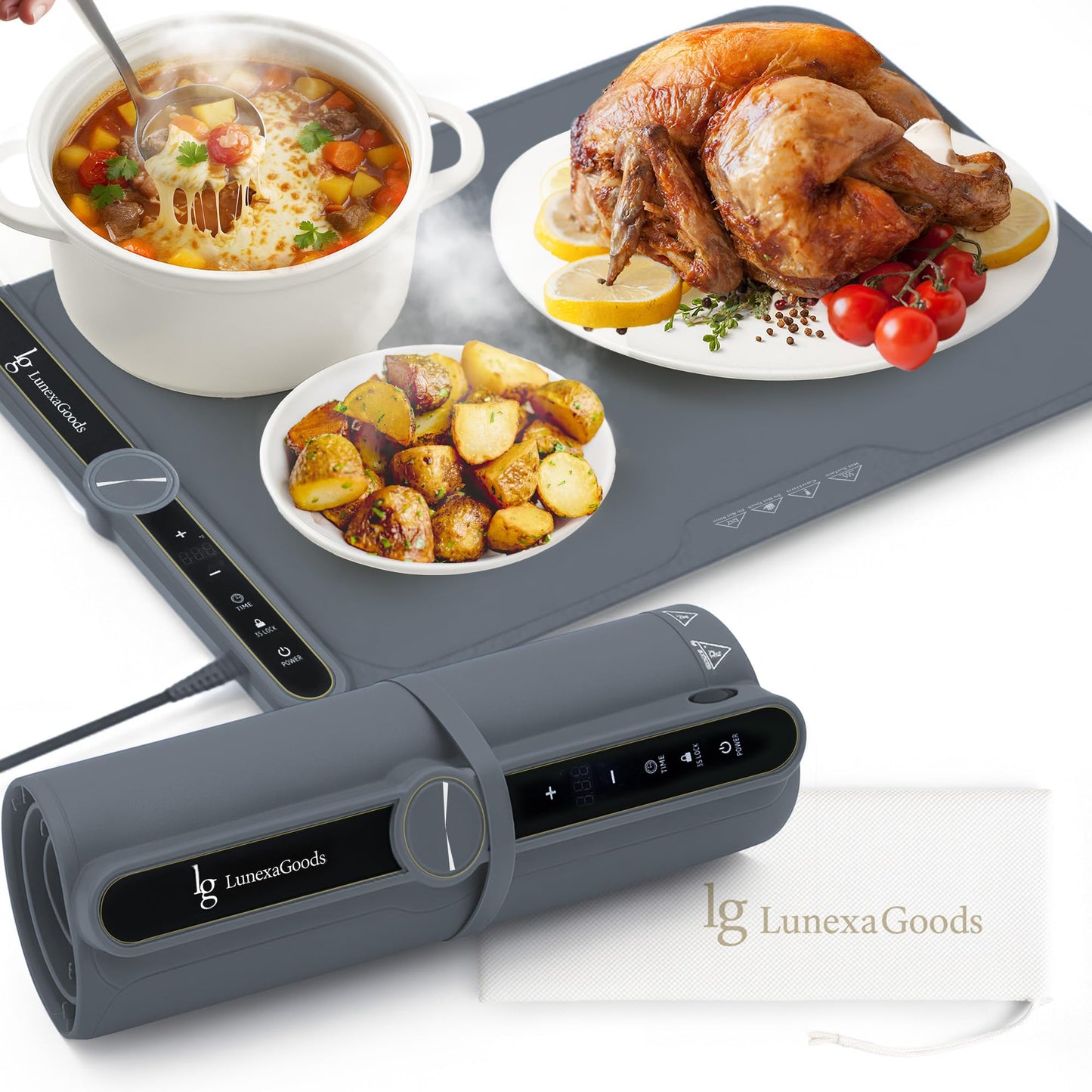 LunexaGoods Food Warming Mat, 9-Temperature Electric Heating Tray with Timer & Safety Lock, Silicone Roll-Up Buffet Warmer for Countertop, Parties, Home & Travel (Dark Grey)