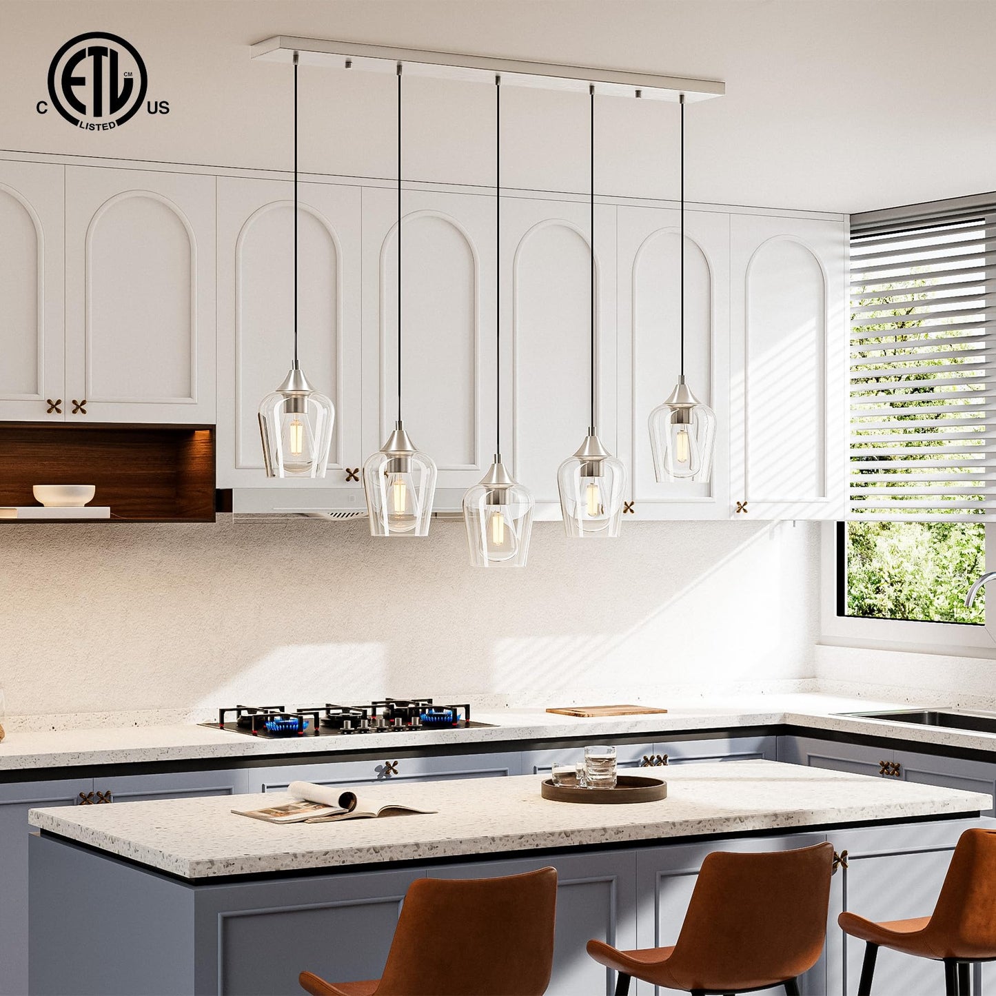 Vonluce 5-Light Pendant Light Kitchen Island  Pendant Light Fixture With 10-55 Height  Modern Pendant Lighting With Wine Glass Shades For Living Room Hallway  Brushed Nickel  Etl Certificated