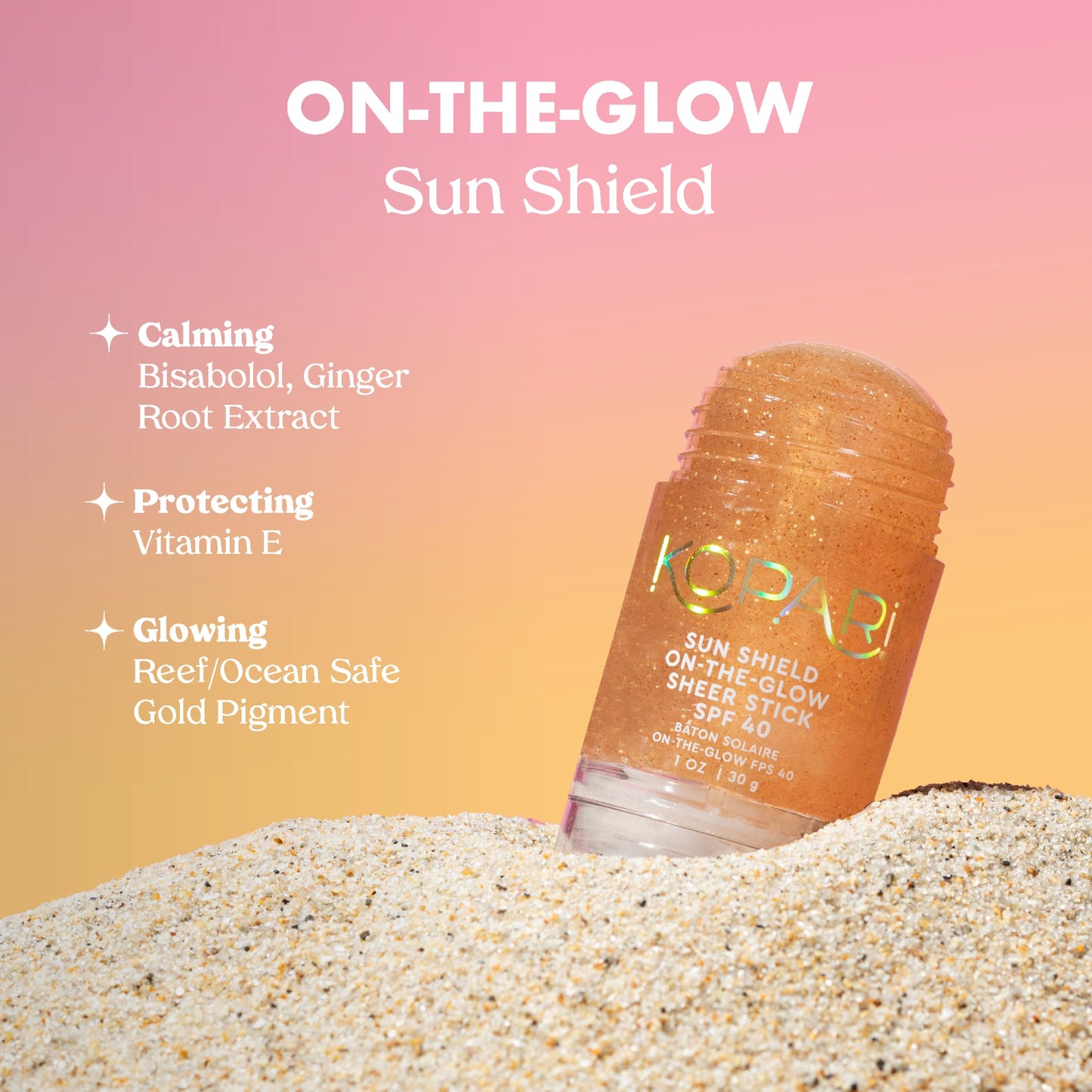 Kopari Sun Shield On-The-Glow Sheer Sunscreen Stick SPF 40, Sweat and Water Resistant Roll On Sunscreen For Face and Body with V