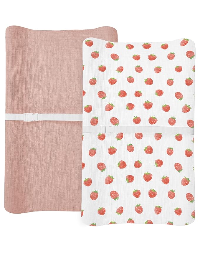 Changing Pad Cover for Baby Boy Girl 2 Pack, Muslin Changing Table Pad Covers with Boho Style, Neutral Nursery Bedding Essentials Soft and Breathable (Strawberry & Pale Pink)