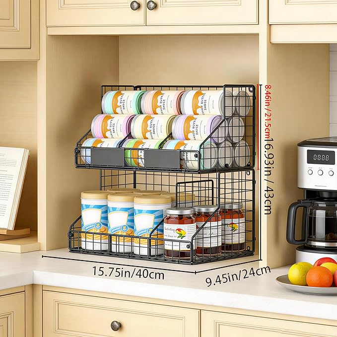 2-Tier Stackable Pantry Organizers and Storage, Can Organizer for Pantry and Soda Can Organizer, Metal Wire Rack with 4 Adjustable Dividers Holds 60+ Cans for Cabinet Countertop
